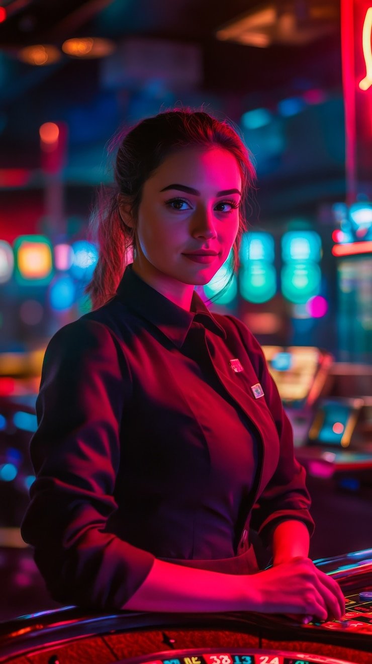 Suasana bermain slot games malam hari dengan efek cahaya neon di layar perangkat