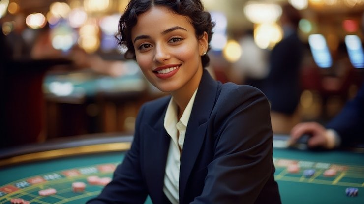 Suasana meja live casino dengan dealer profesional dan tampilan layar streaming berkualitas tinggi